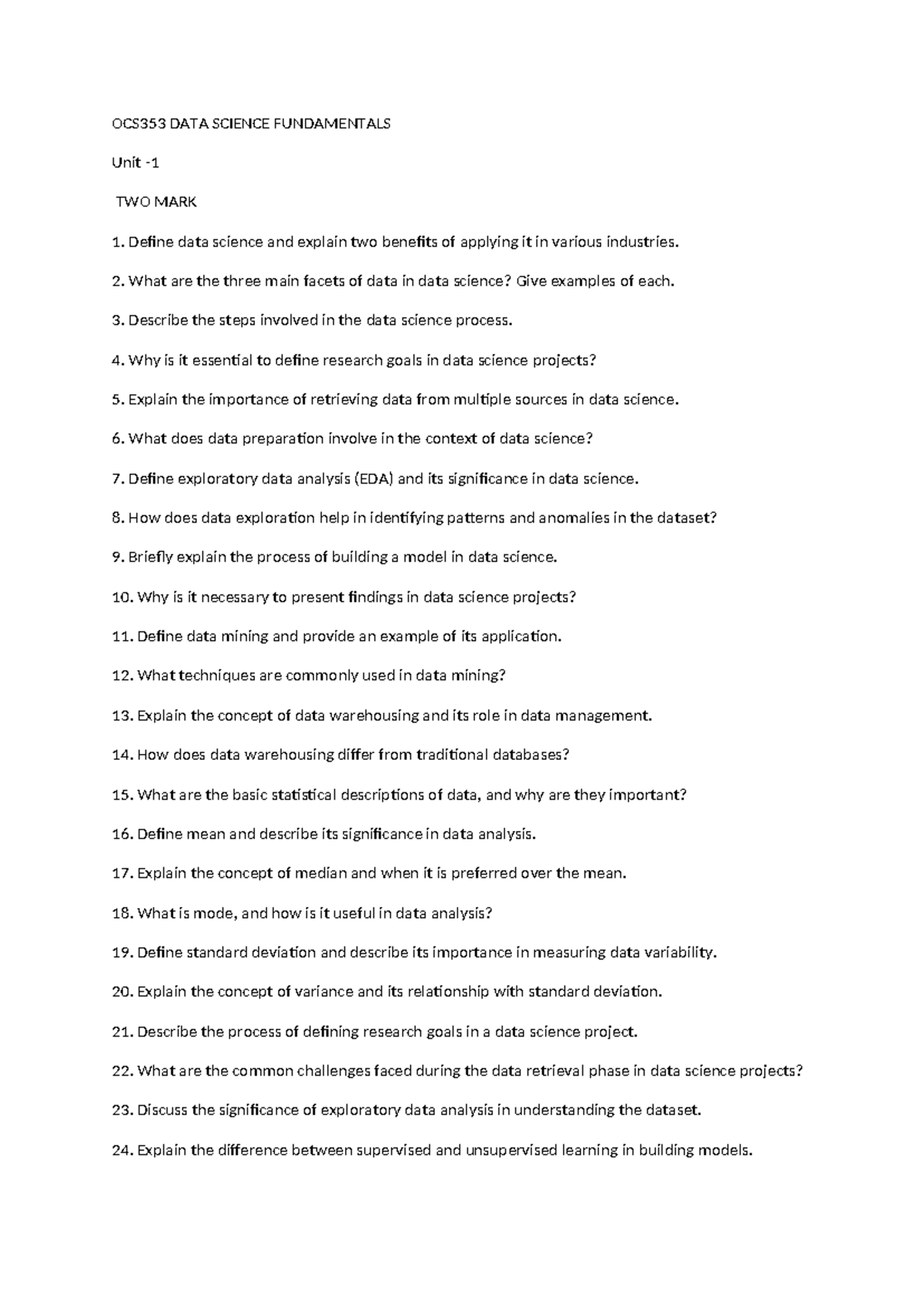 OCS353 DATA Science Fundamentals - Comprehensive Question Bank - Studocu
