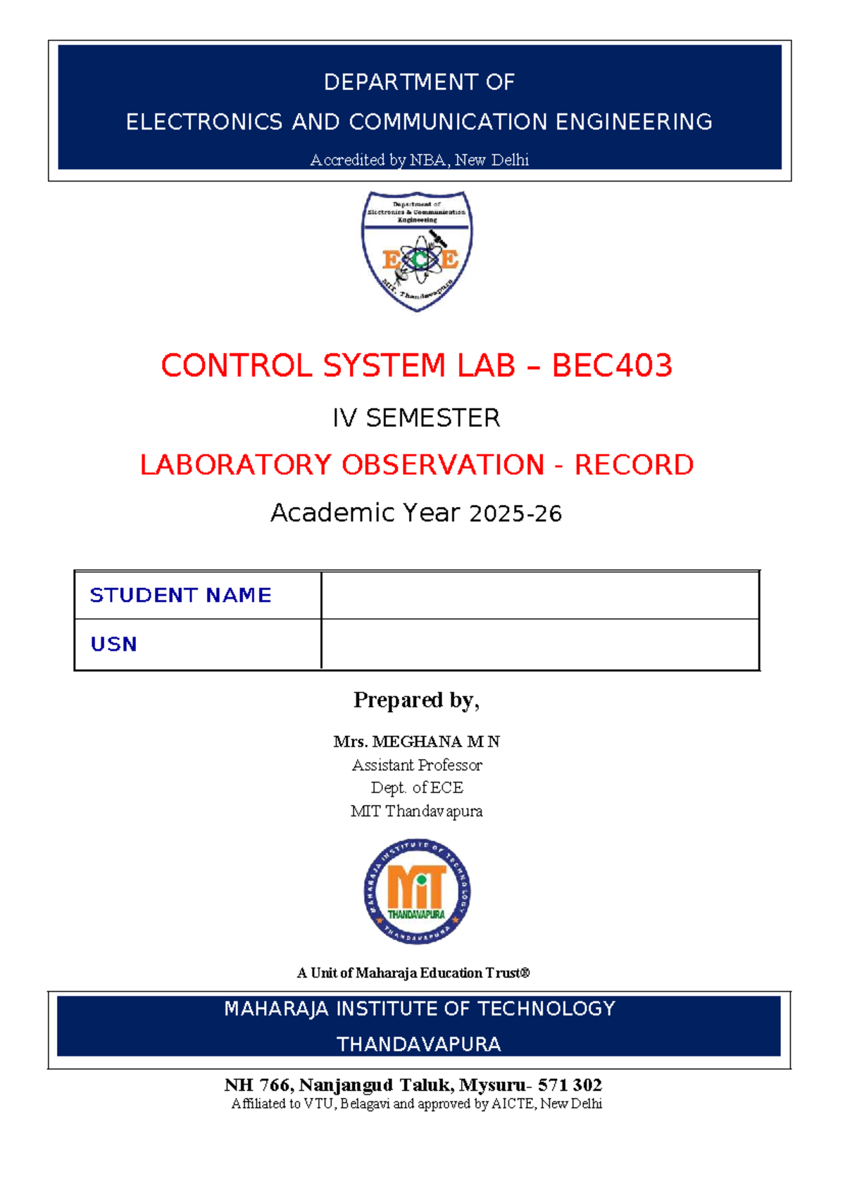 1. FS - Lab manual - CONTROL SYSTEM LAB – BEC IV SEMESTER LABORATORY ...