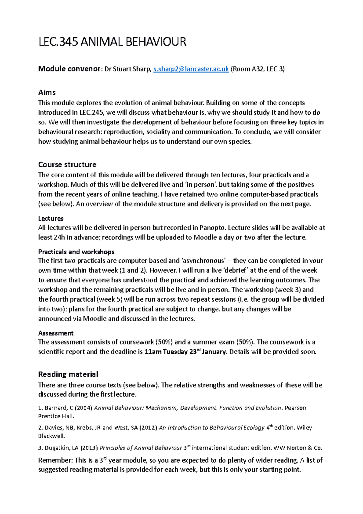 LEC.345 Animal Behaviour Module Overview & Structure 2023 - Studocu