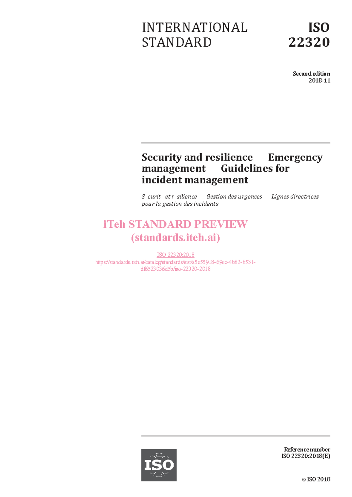 ISO 22320:2018 Guidelines for Incident Management and Resilience - Studocu
