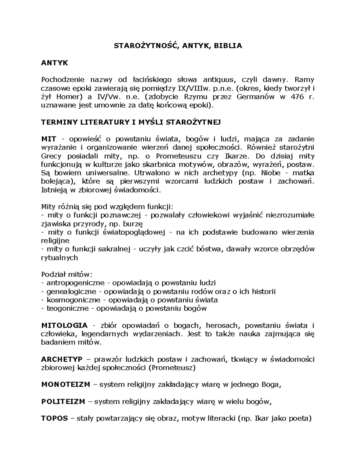 1. Starożytność: Mity, Biblia i Filozofia Antyczna w Literaturze - Studocu