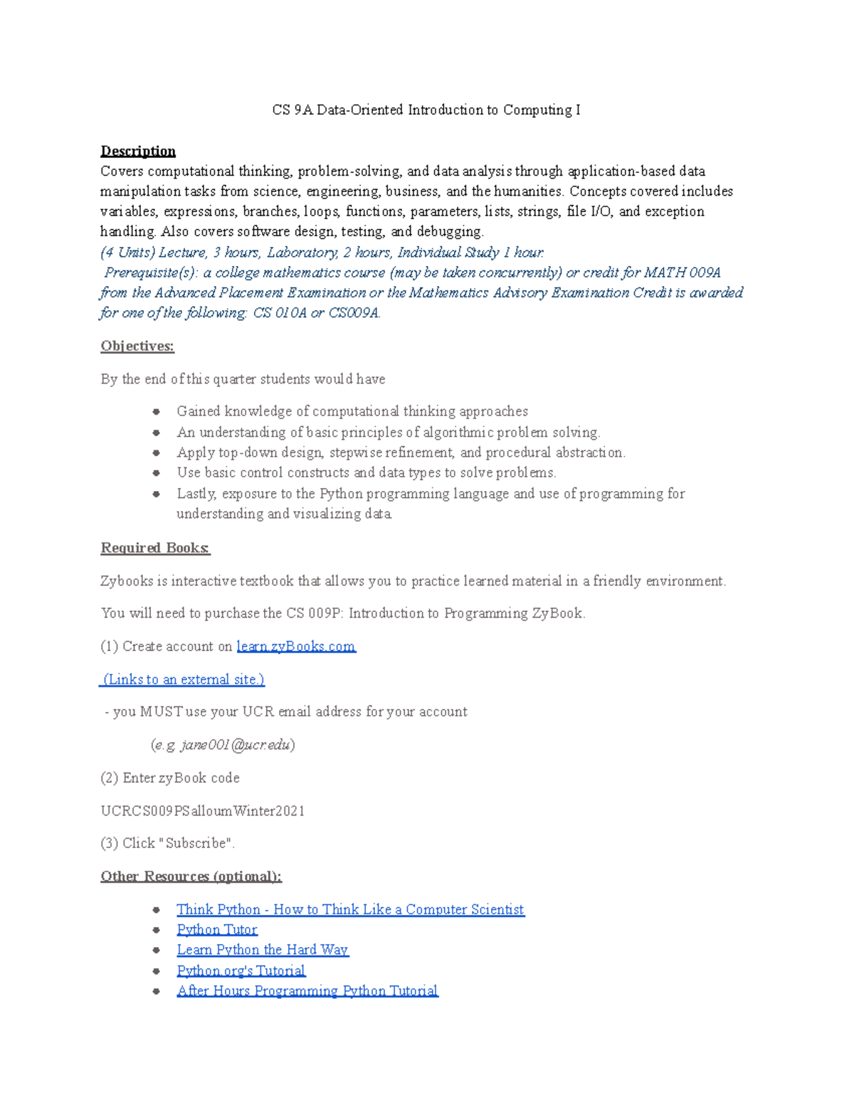 CS 9A Introduction to Computing I Course Syllabus and Overview - Studocu