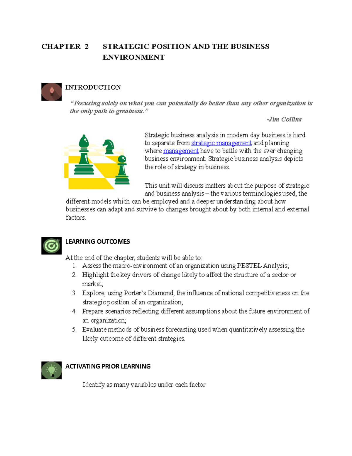 Chapter 2 Strategic Position AND THE Business Environment - CHAPTER 2 ...