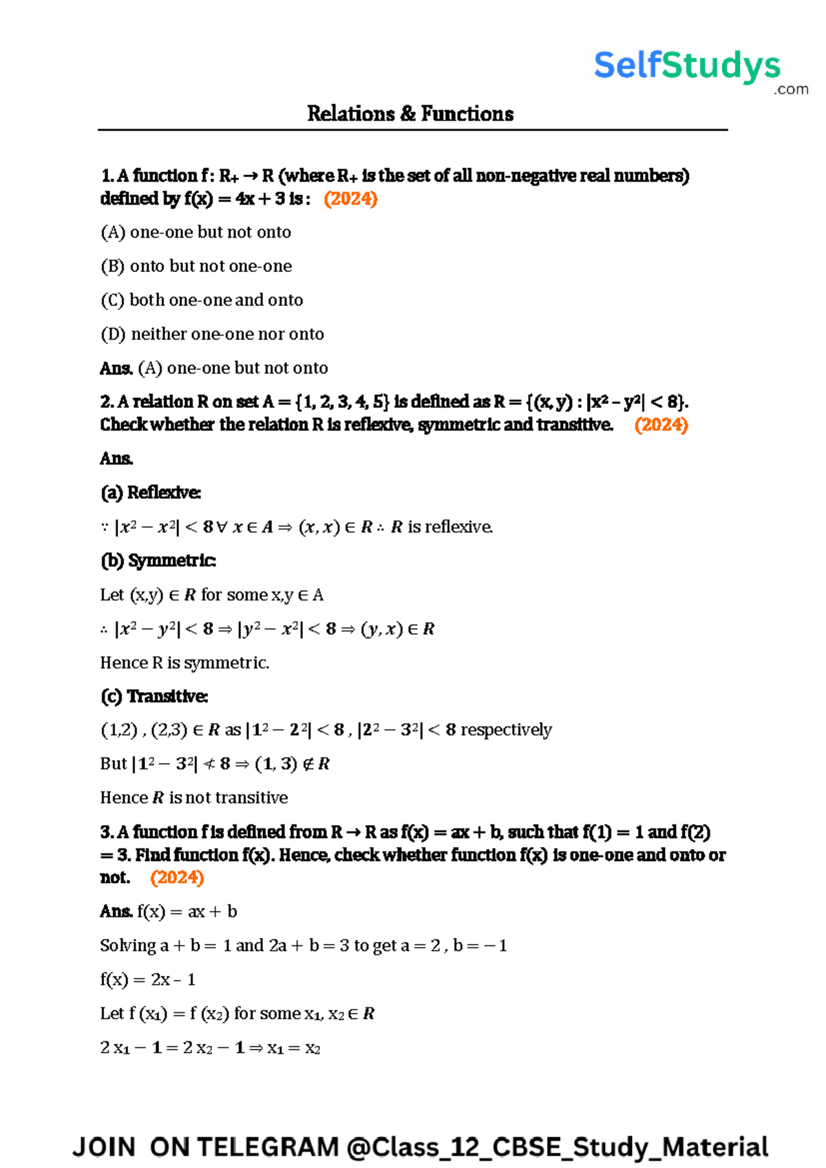 Relations & Functions 12 Class PYQ (2024) - Studocu