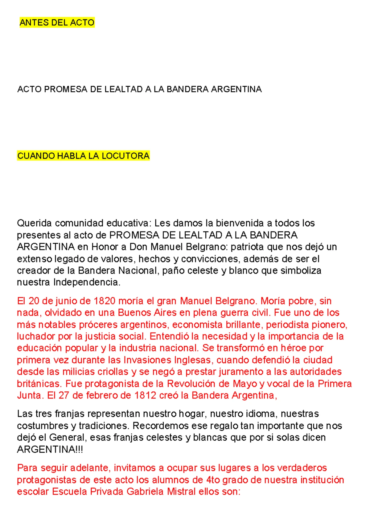 ACTO PROMESA DE LEALTAD A LA BANDERA ARGENTINA - 4to Grado 2024 - Studocu