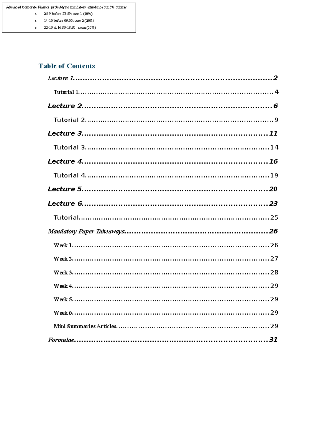 Advanced CF Lecture Notes (FIN 501): Quizzes, Theory, and Governance ...