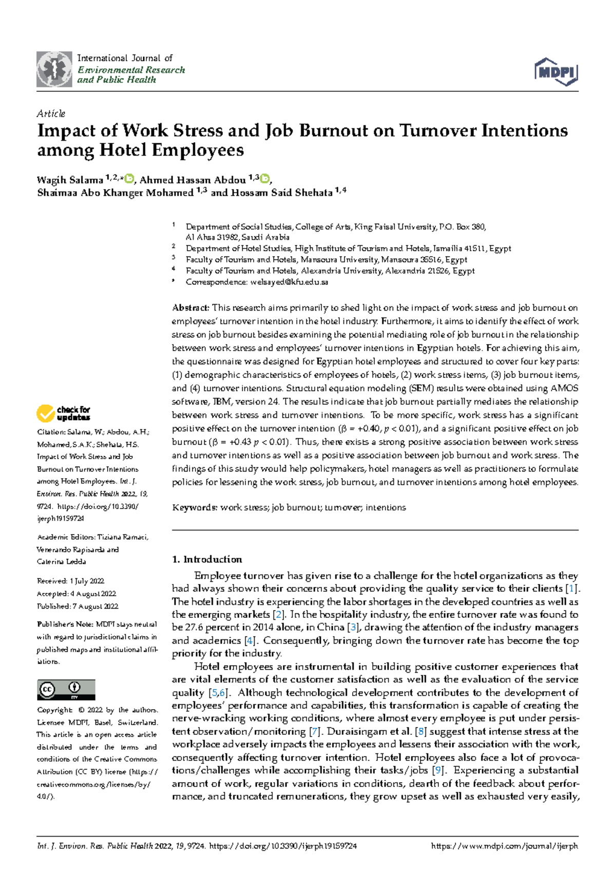 Impact of Work Stress and Job Burnout on Turnover Intentions among ...