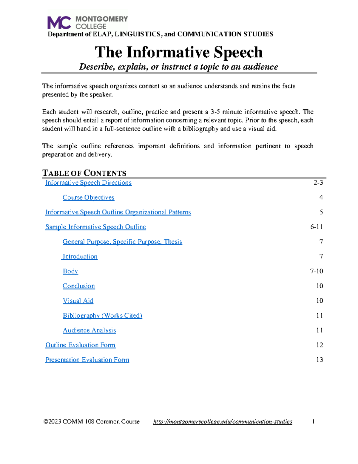 Comm 108 Informative Speech Guidelines And Outline Studocu