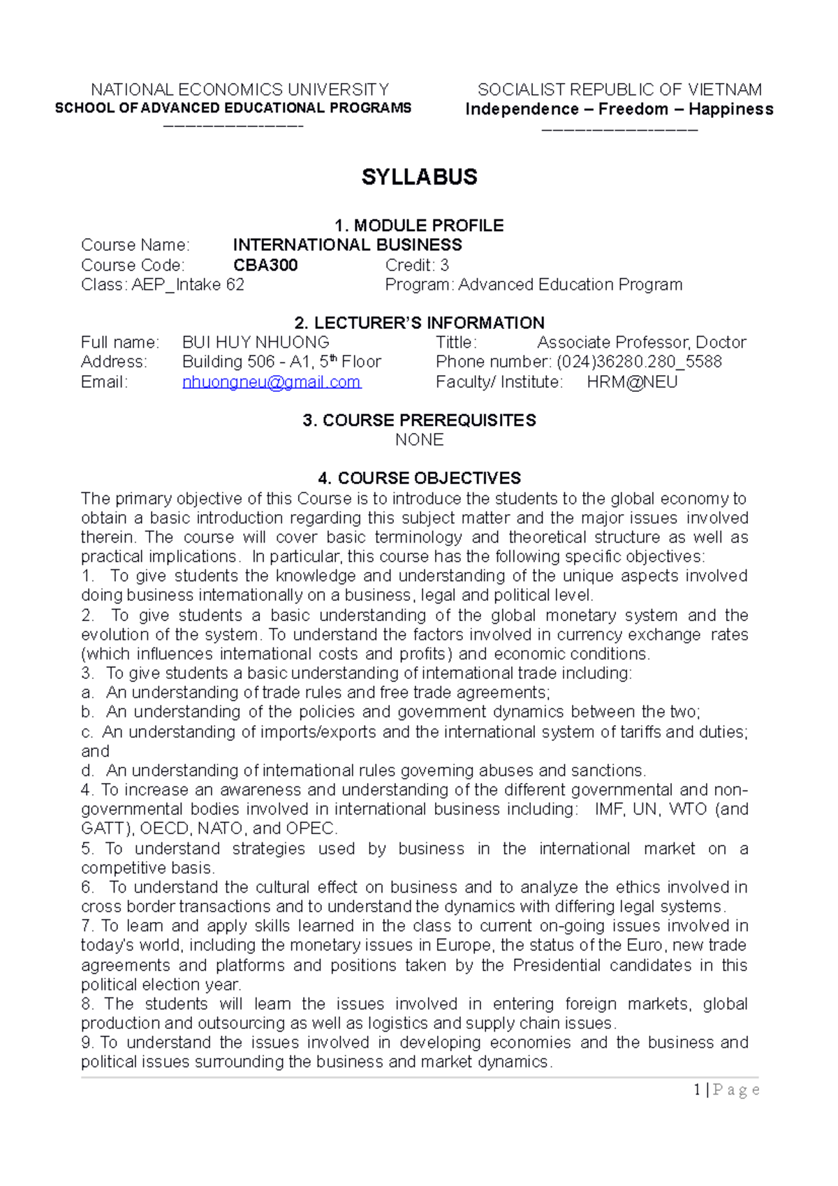CBA300 Syllabus - International Business Course for AEP Intake 62 - Studocu