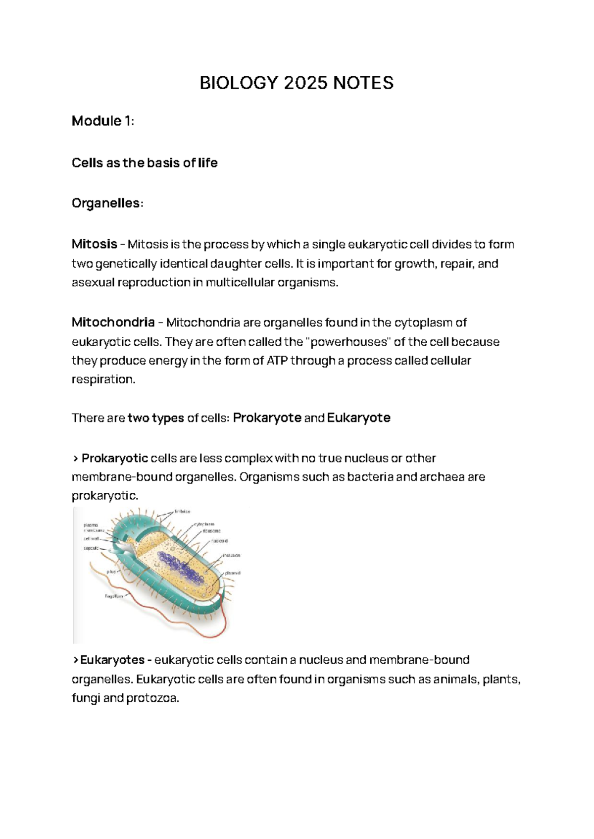 BIOLOGY 2025 NOTES: Module 1 - Cells & Organelles Overview - Studocu