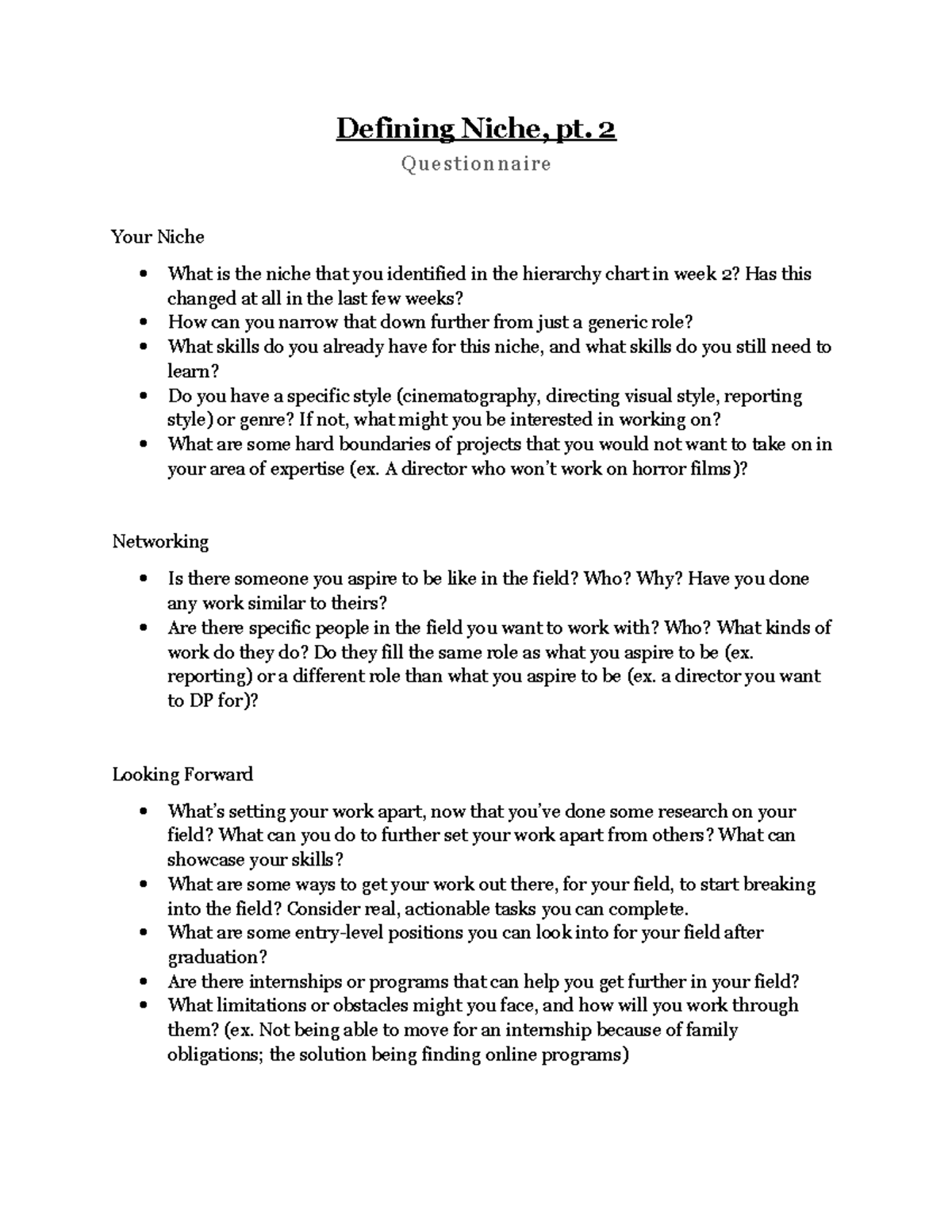 Defining Niche Questionnaire - Defining Niche, pt. 2 Questionnaire Your ...