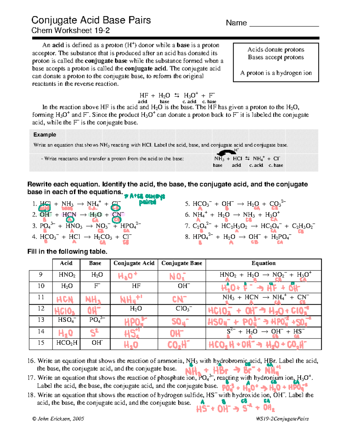 Conjugate Acid Base Pairs Worksheet © John Erickson, 2005 WS192ConjugatePairs Example Write