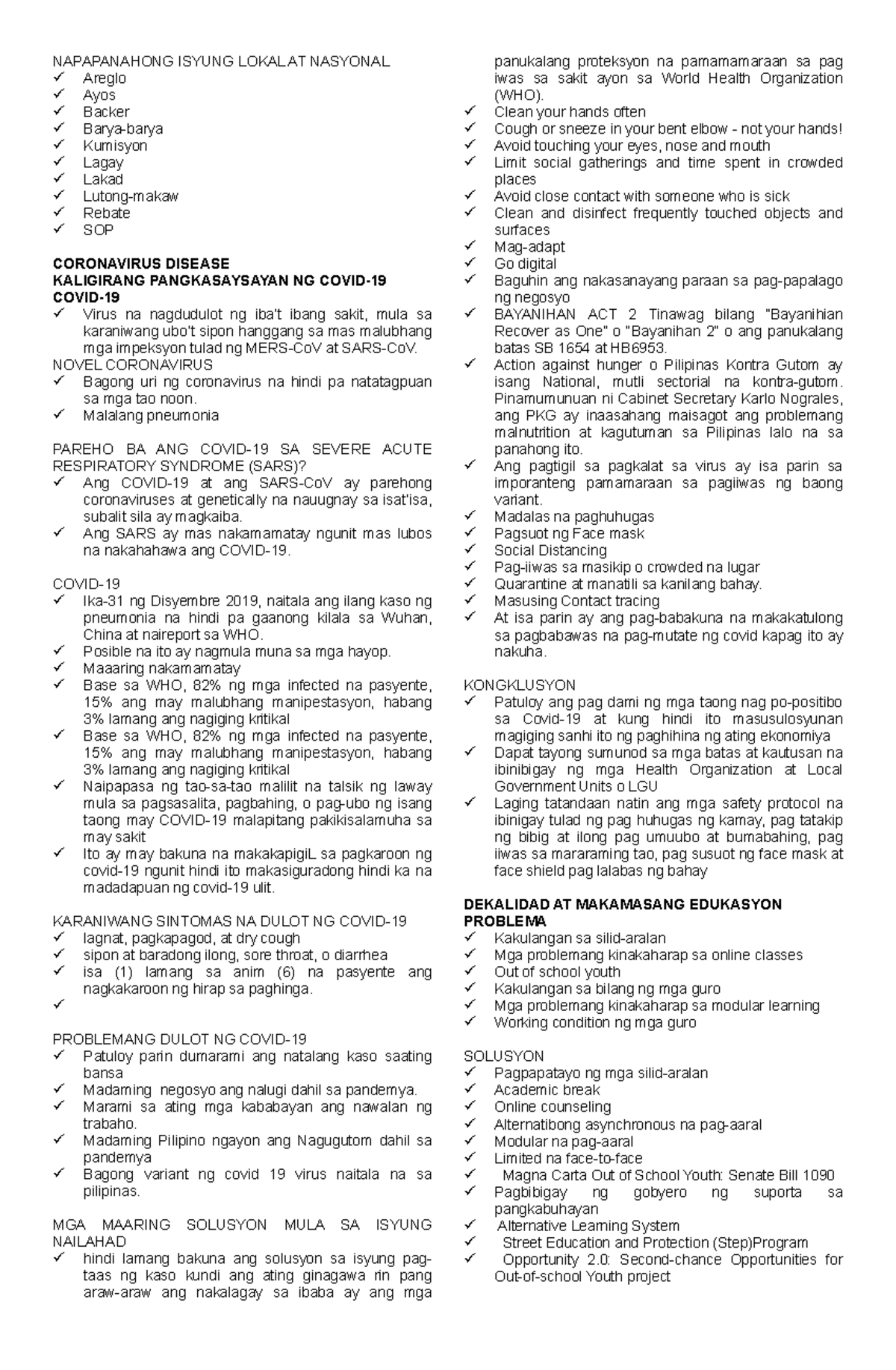 KKF notes - NAPAPANAHONG ISYUNG LOKAL AT NASYONAL Areglo Ayos Backer ...