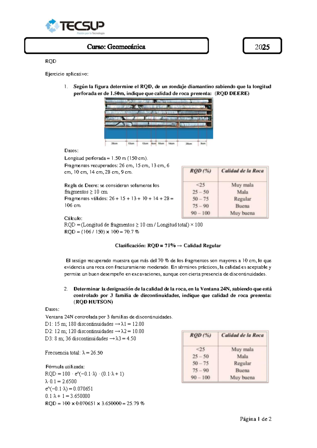 Ejercicio RQD Aplicativo: Calidad de Roca y Cálculos (Teórica 6) - Studocu