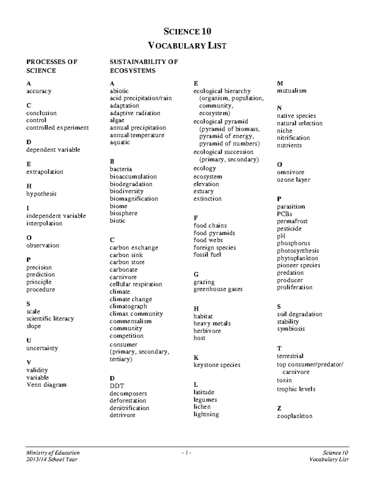 SCIENCE 10: Vocabulary List for Ecosystems and Processes - Studocu