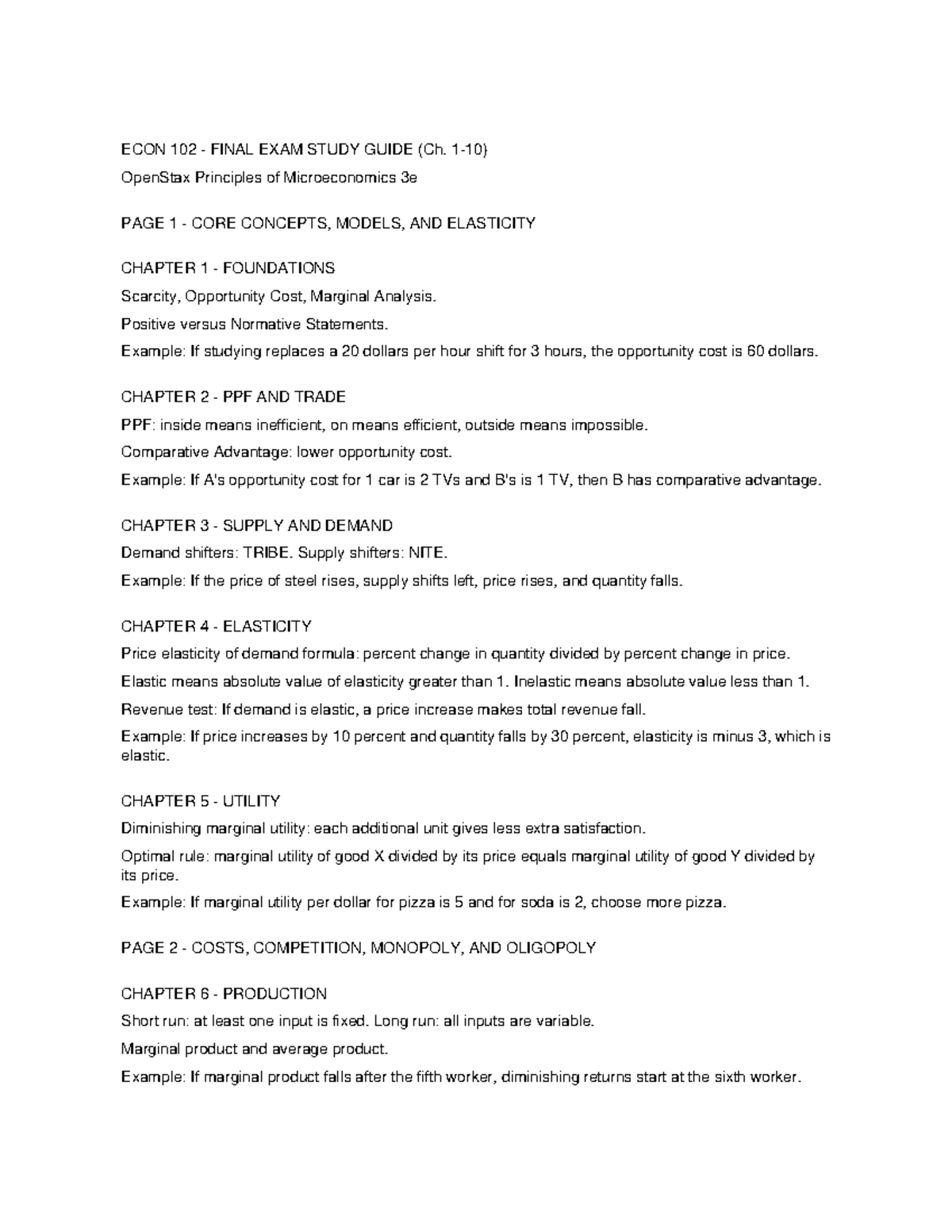 ECON 102 FINAL EXAM STUDY GUIDE: Key Concepts & Elasticity - Studocu