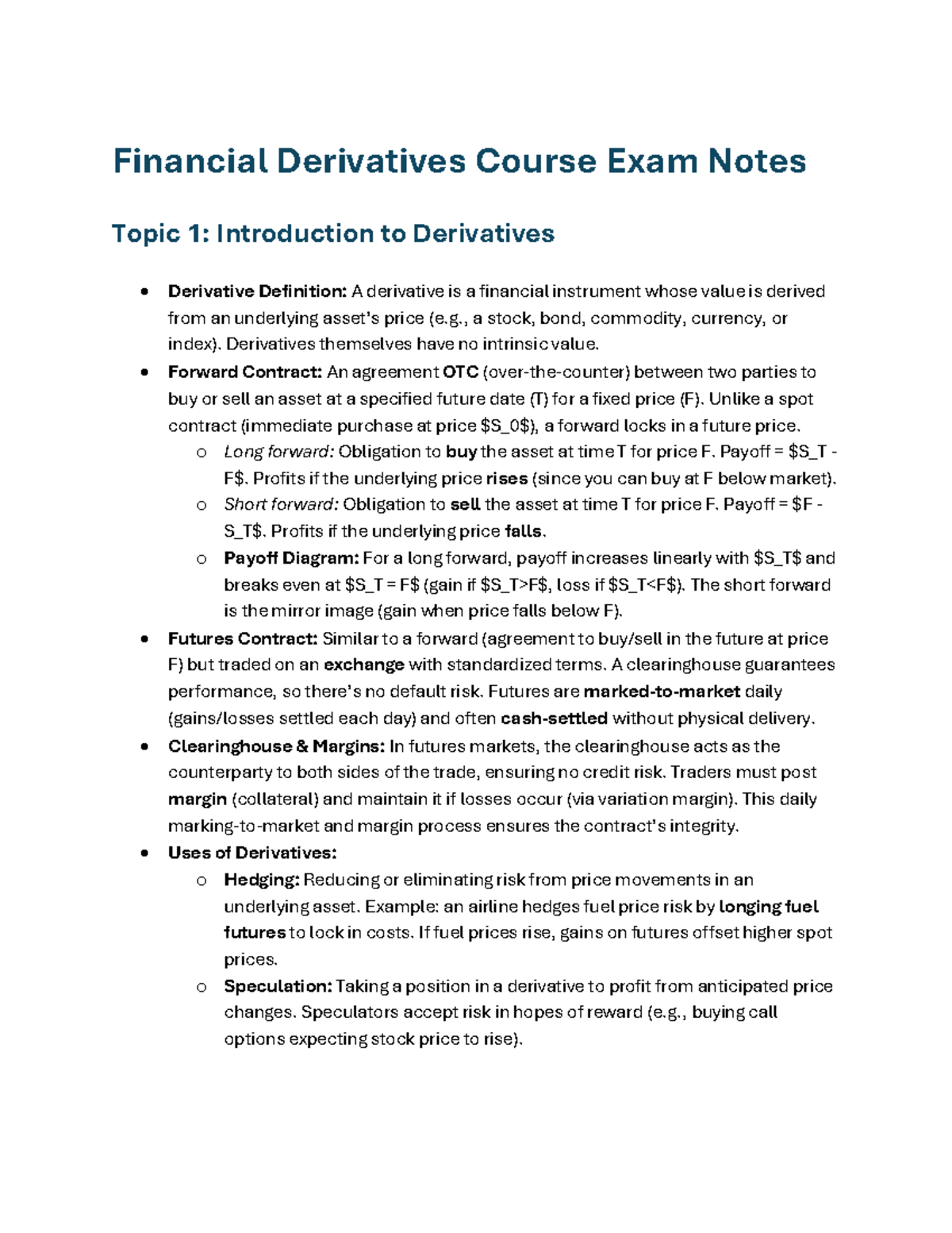 Financial Derivatives Course Exam Notes: Key Concepts and Strategies ...