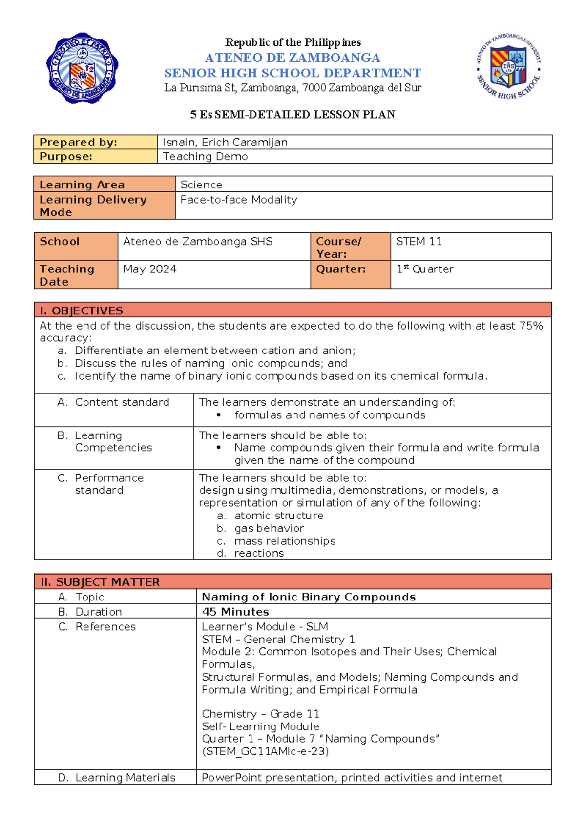 Ateneo de Zamboanga STEM 11 Lesson Plan: Naming Binary Ionic Compounds ...