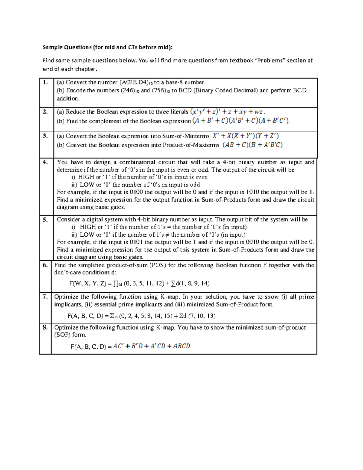Sample Questions for Mid - You will find more questions from textbook ...