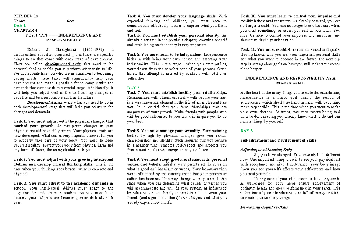 PER. DEV 12 WEEK 4 NOTES: DEVELOPMENTAL TASKS & RESPONSIBILITY - Studocu