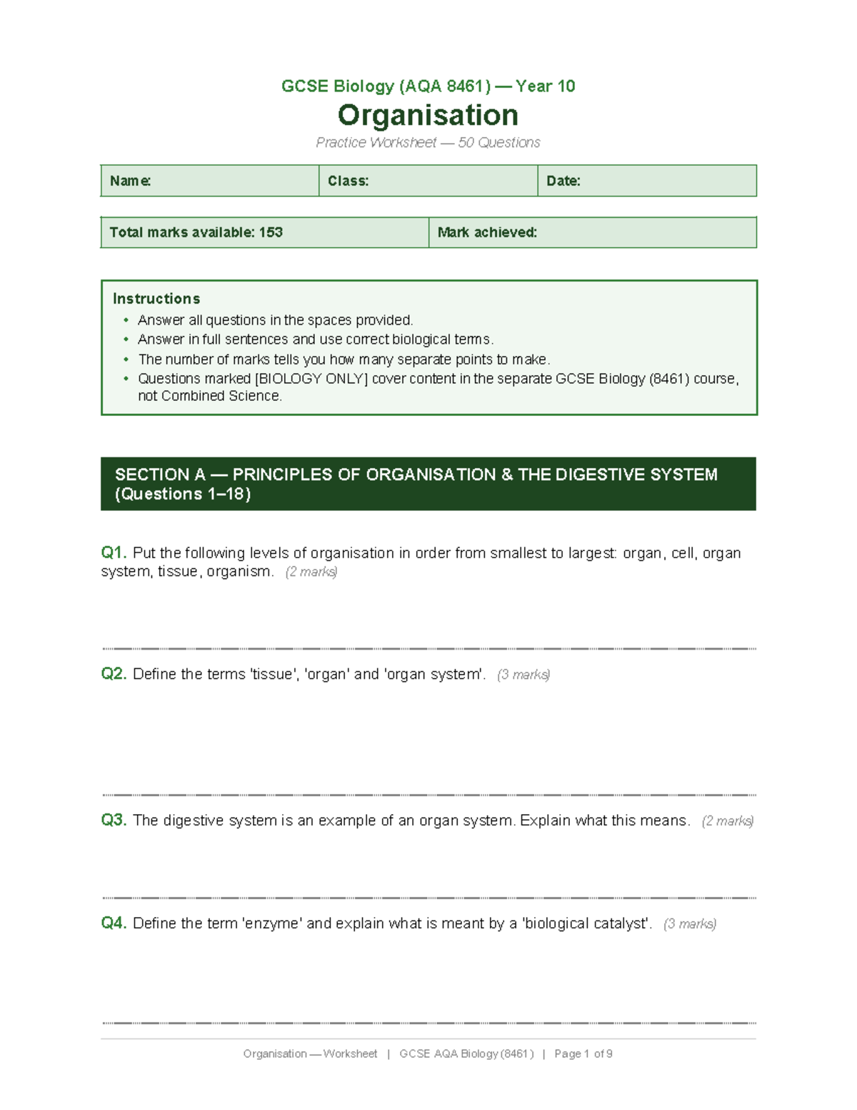 GCSE Biology (AQA 8461) Year 10 Organisation Practice Worksheet - Studocu