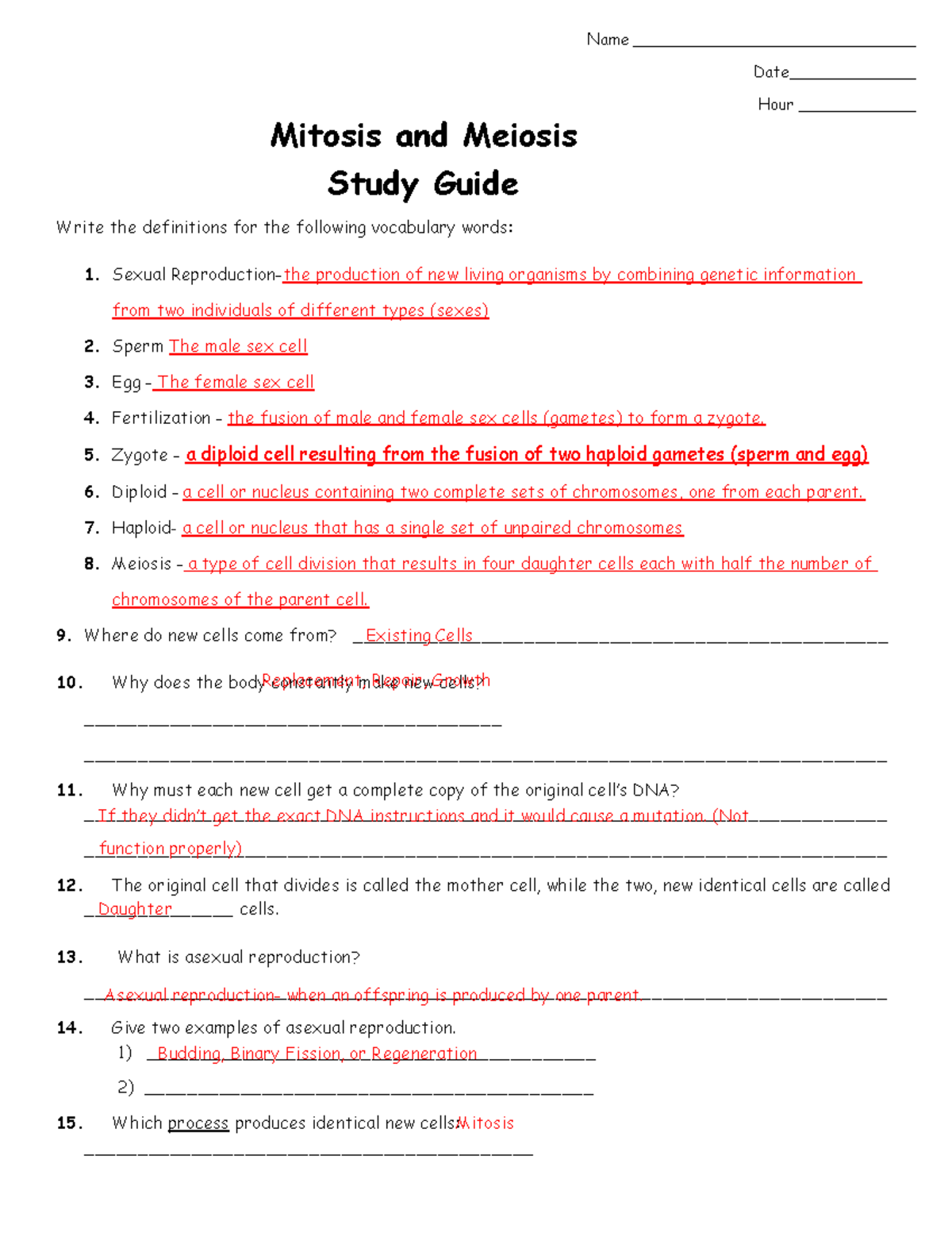 Mitosis and Meiosis Review Key - Mitosis and Meiosis Study Guide Write ...