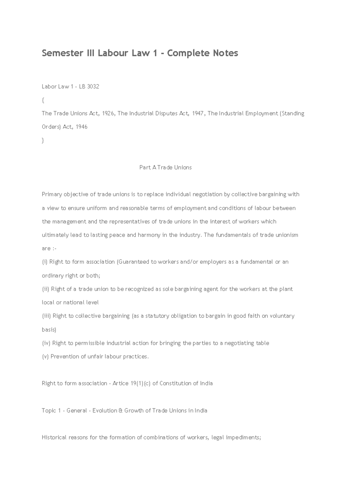 Labour Law 1 - LB 3032: Semester III Complete Notes and Key Cases - Studocu