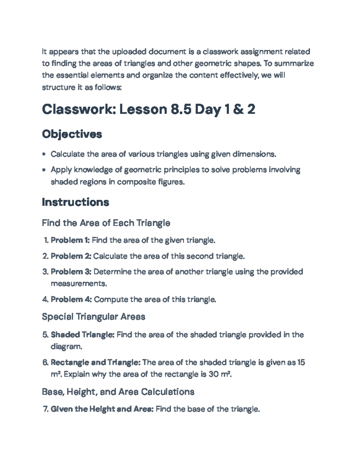 Classwork Assignment: Finding Areas of Triangles & Geometric Shapes ...