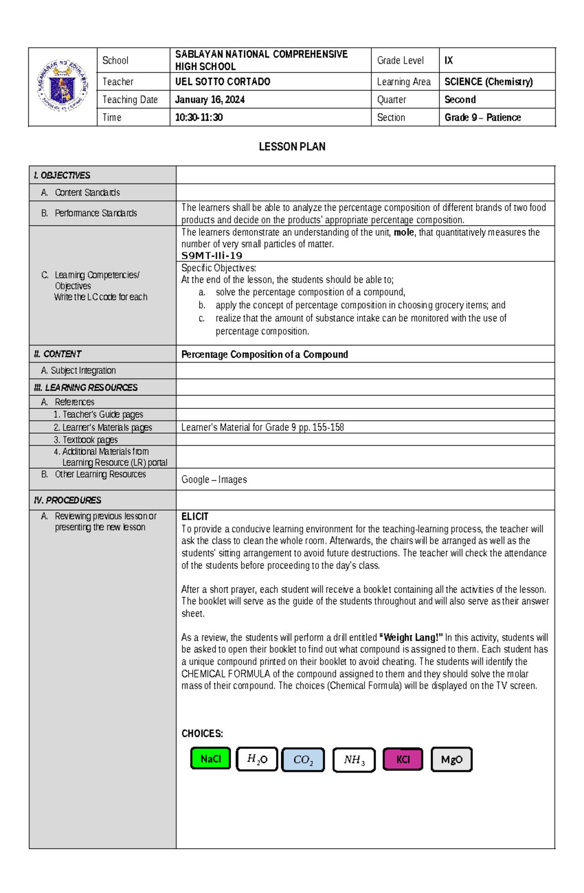 Grade 9 Science Lesson Plan: Percentage Composition of Compounds (7E ...