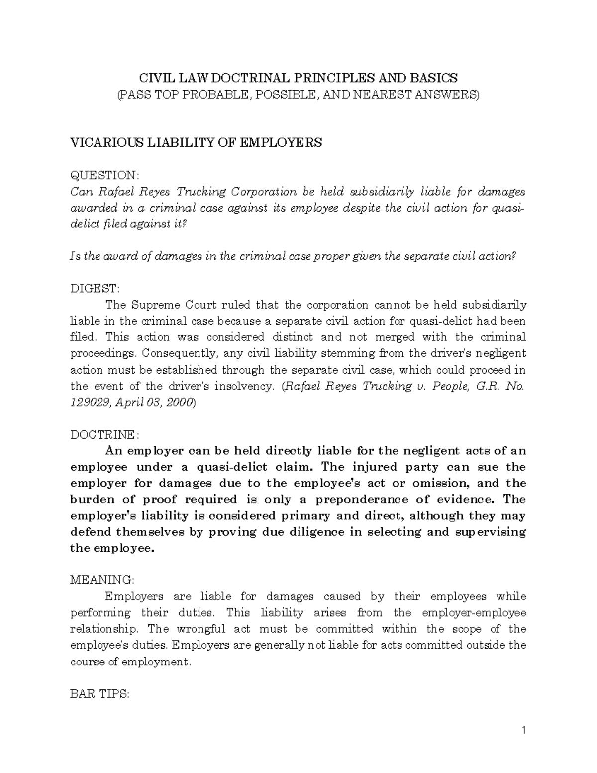 CIVIL LAW DOCTRINAL PRINCIPLES: VICARIOUS LIABILITY & REFORMATION - Studocu