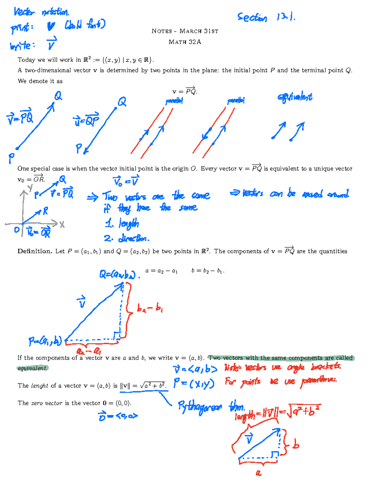 Math 32A Lecture Notes: Vectors and Linear Combinations - Notes - March ...