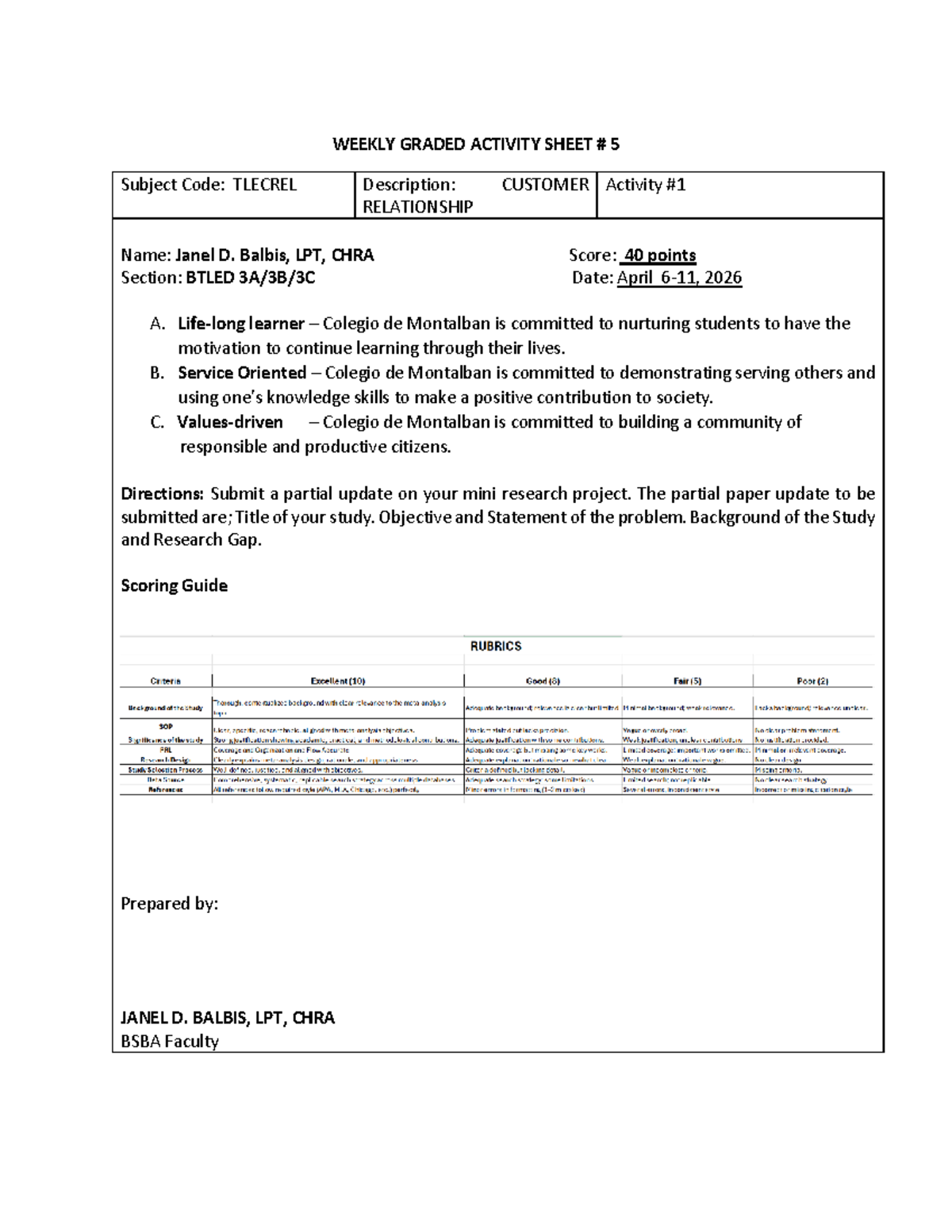 WEEKLY GRADED ACTIVITY SHEET 5 - TLECREL: Mini Research Project Update ...