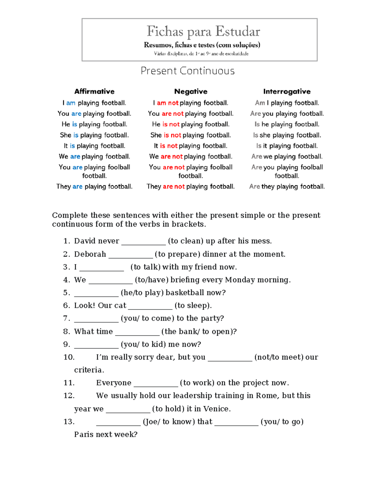 8th Grade English: Present Simple vs Present Continuous Exercises - Studocu