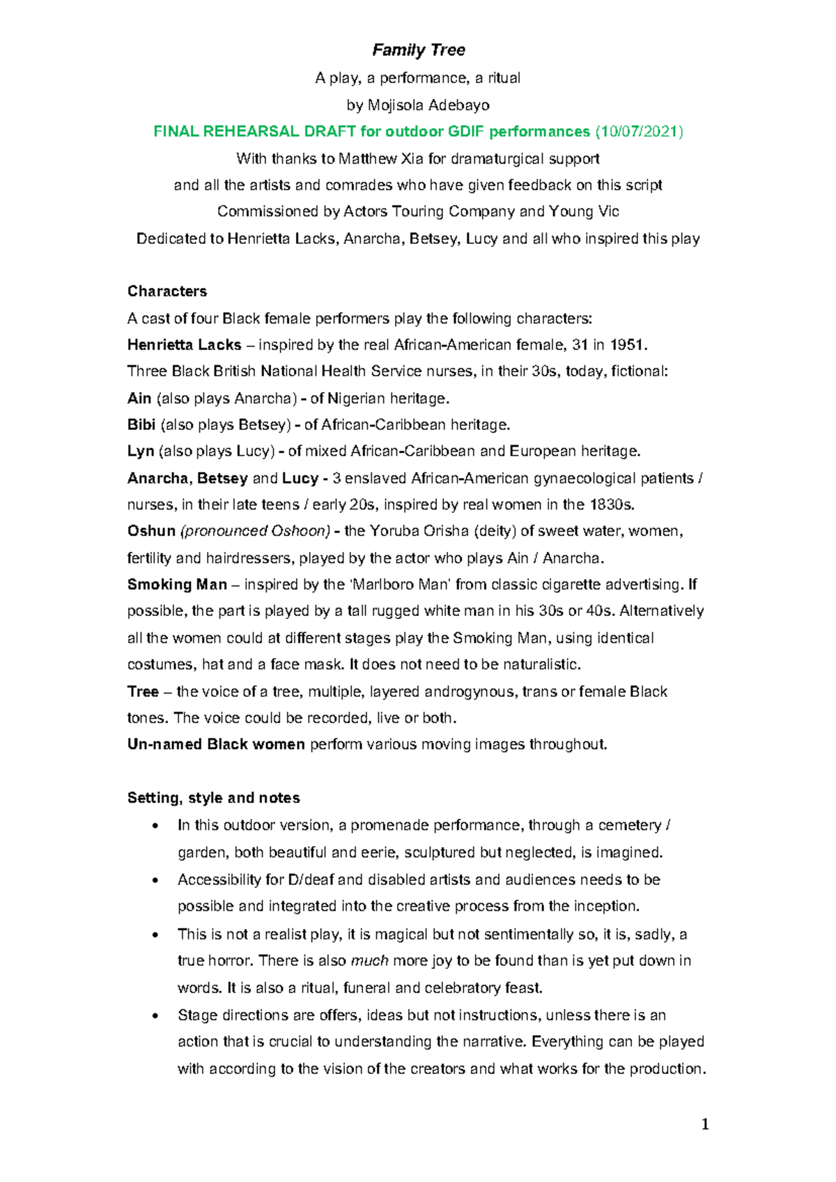 Family Tree: Final Rehearsal Draft for GDIF Performances by Mojisola ...