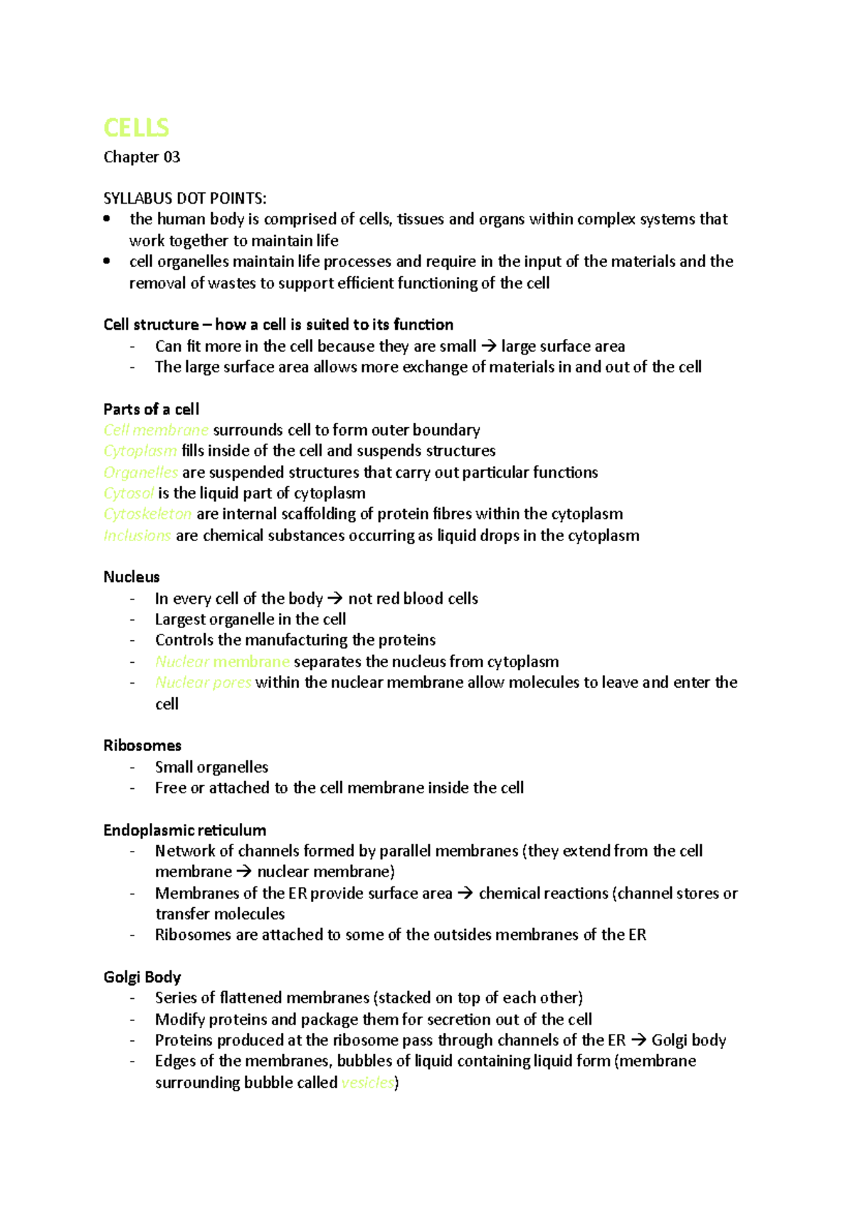 Cells: Key Syllabus Points on Structure and Function in Human Biology ...