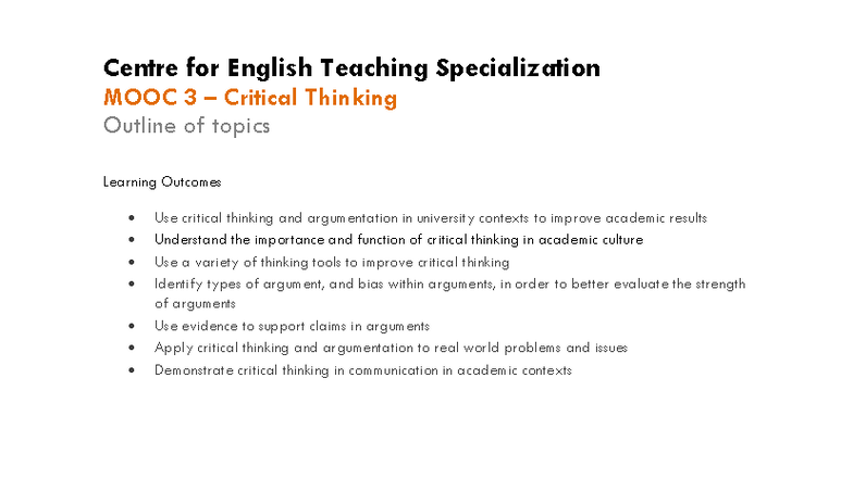 Critical Thinking Overview of Topics - MOOC 3 – Critical Thinking ...