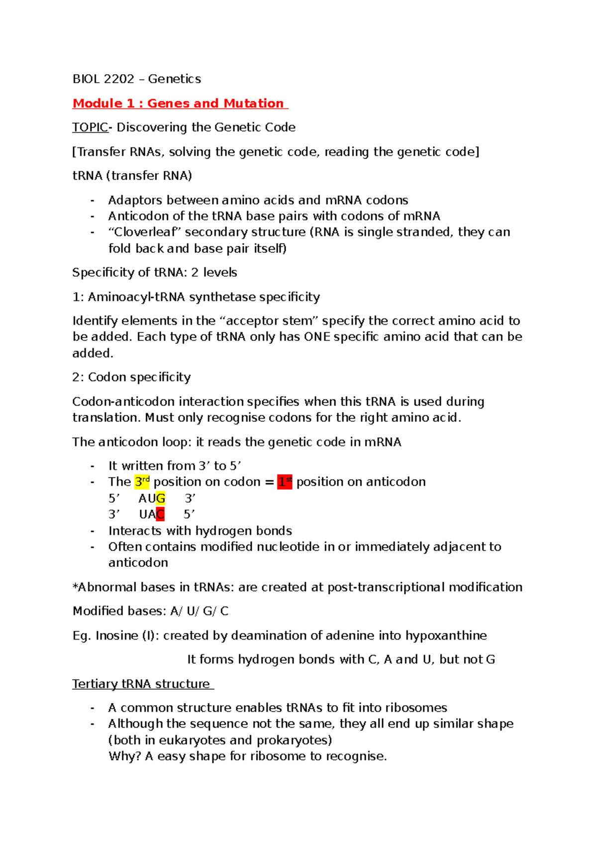 BIOL 2202 - L1 notes - BIOL 2202 – Genetics Module 1 : Genes and ...