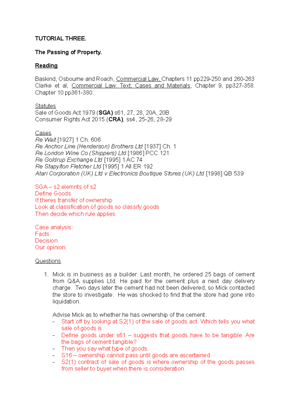 Tutorial 3: Analysis of Property Passing in Sales (Commercial Law ...