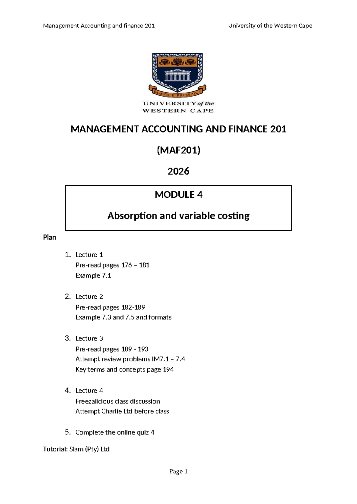 MAF201: Absorption vs Variable Costing Lecture Notes and Discussion ...