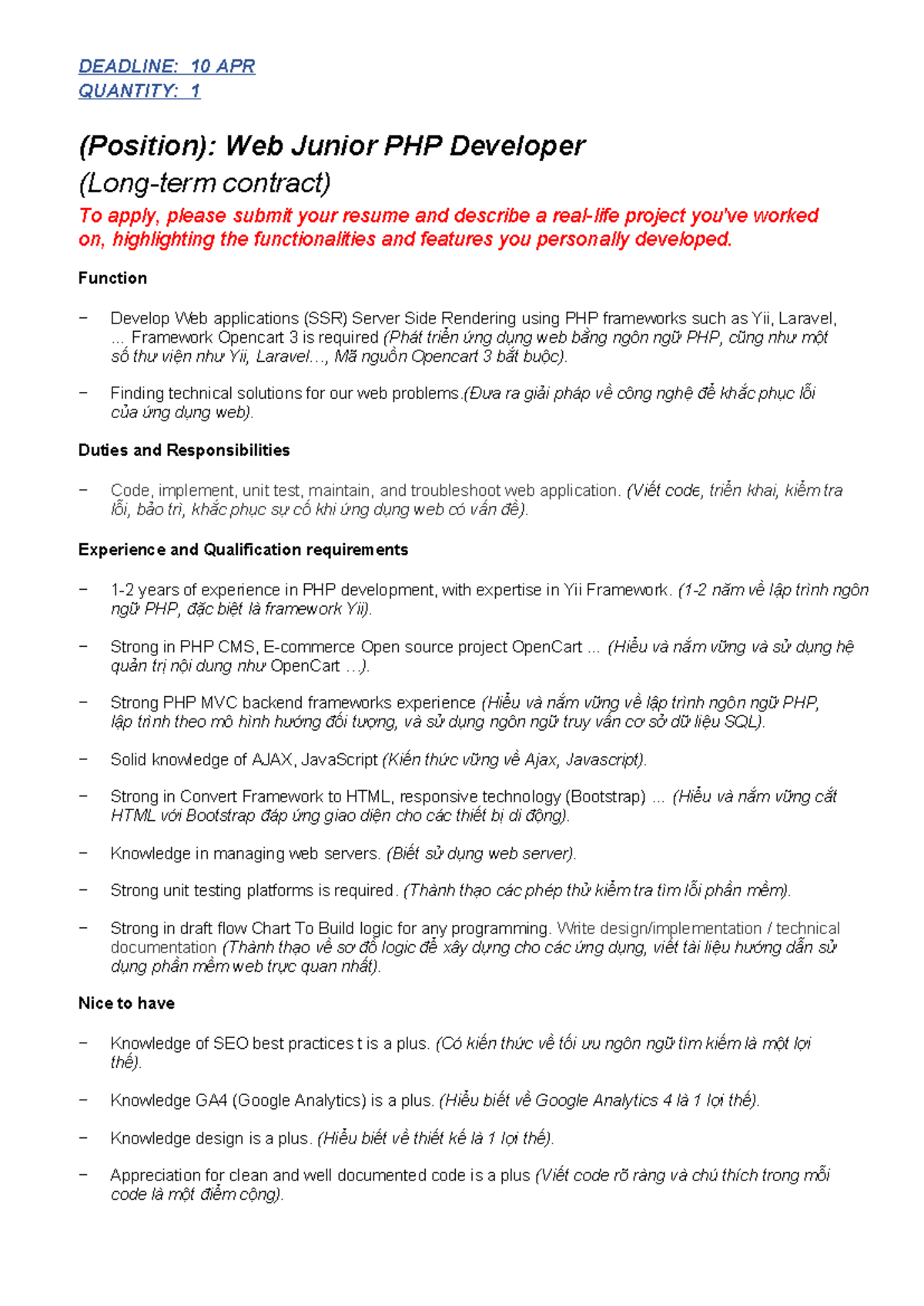 Junior Web PHP Developer - DEADLINE: 10 APR QUANTITY: 1 (Position): Web ...