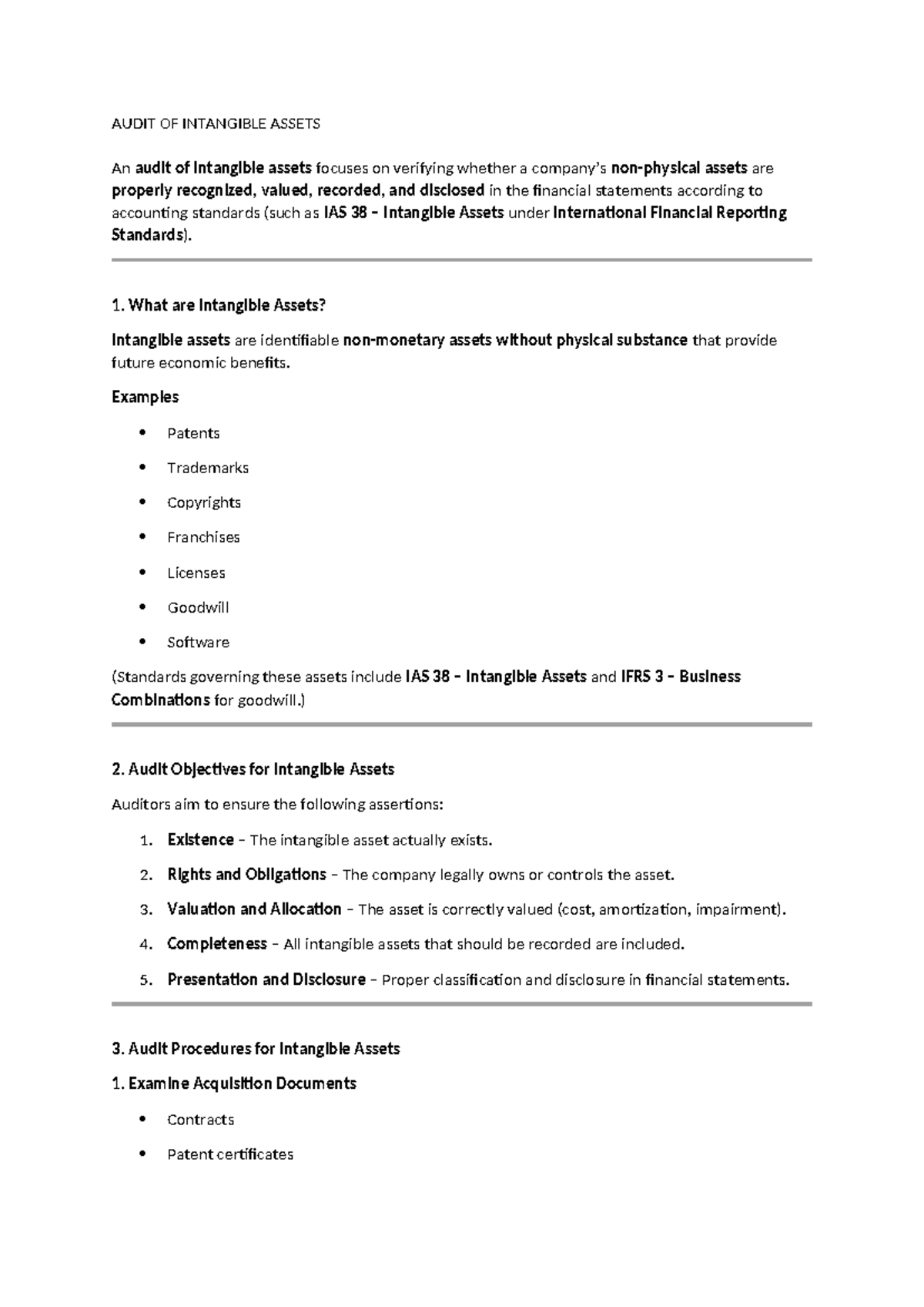 AUDIT OF INTANGIBLE ASSETS: Key Objectives & Procedures - Studocu