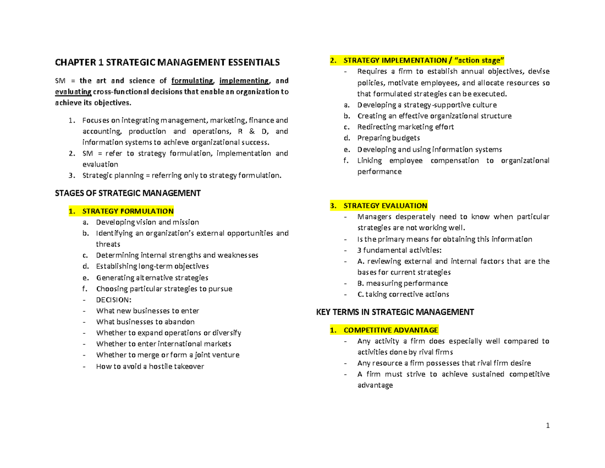 CHAPTER 1 STRATEGIC MANAGEMENT ESSENTIALS SM: Key Concepts and ...