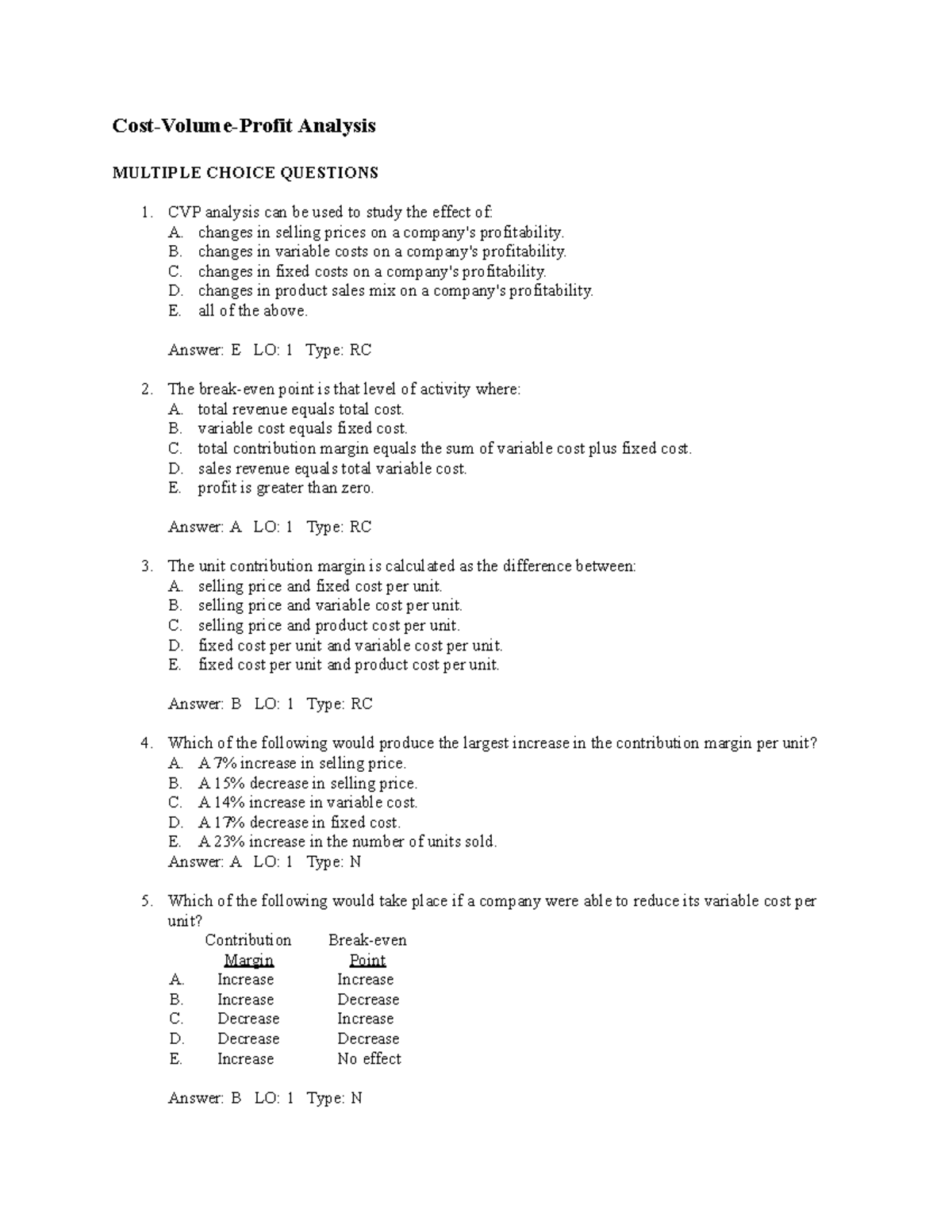 CVP Analysis Multiple Choice Questions for Course Code: ACCT 101 - Studocu