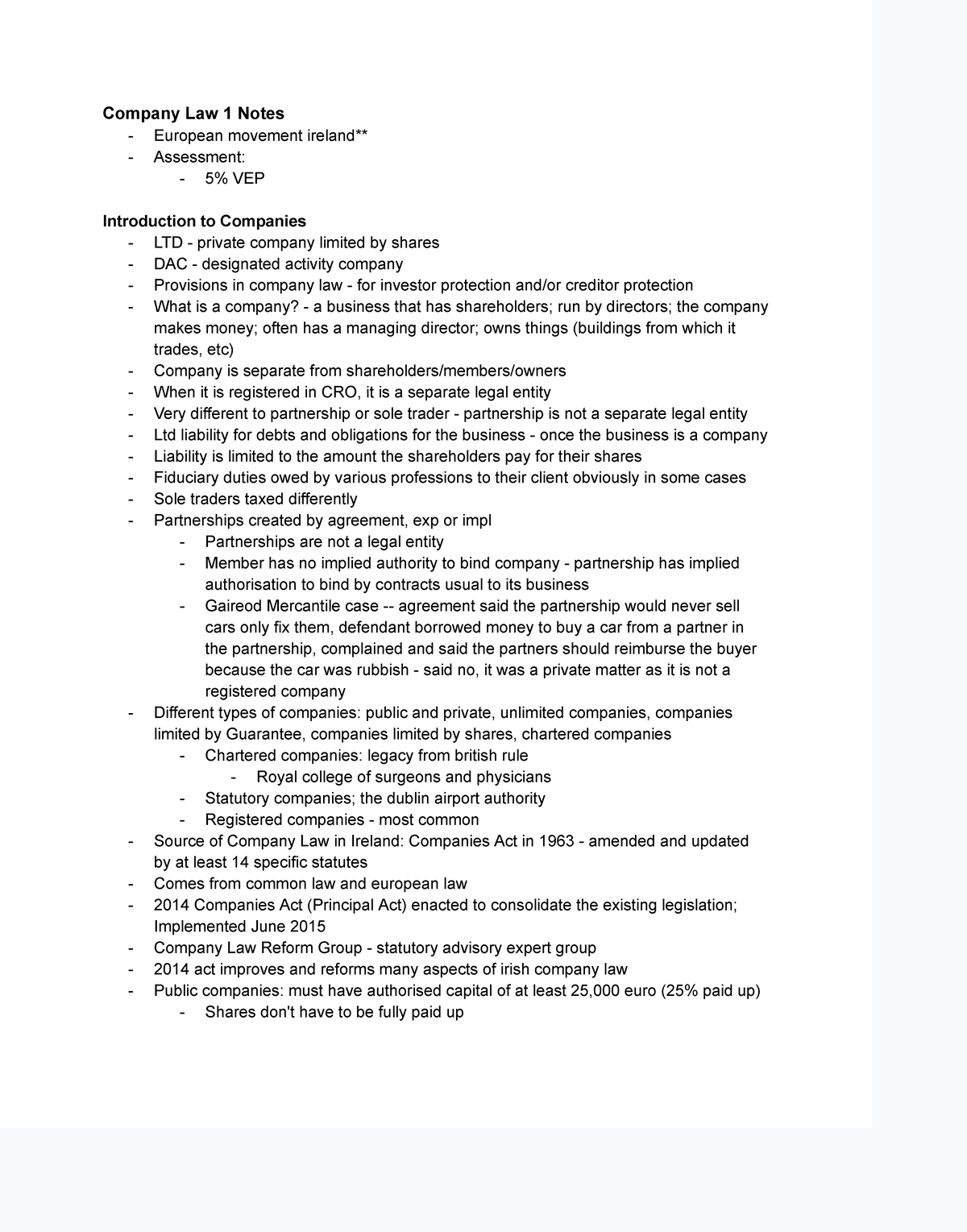 LA4530 Company Law 1 Lecture Notes: Key Concepts and Cases - Studocu