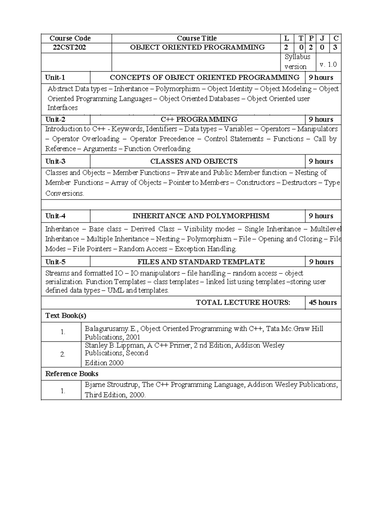 22CST202 - Object Oriented Programming Course Overview and Syllabus ...