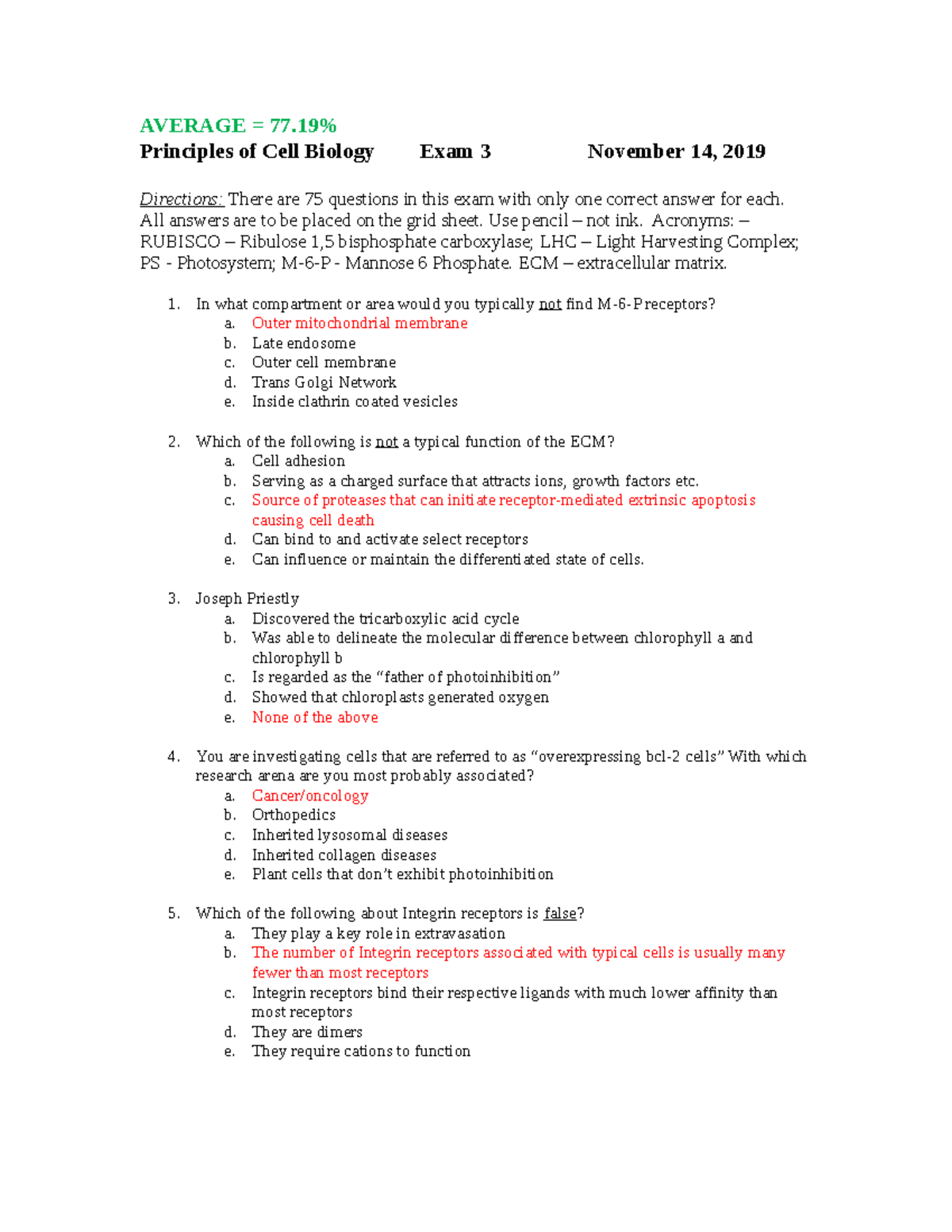 Cell Biology Exam 3 Fall 2019: Key Insights and Average Scores - Studocu