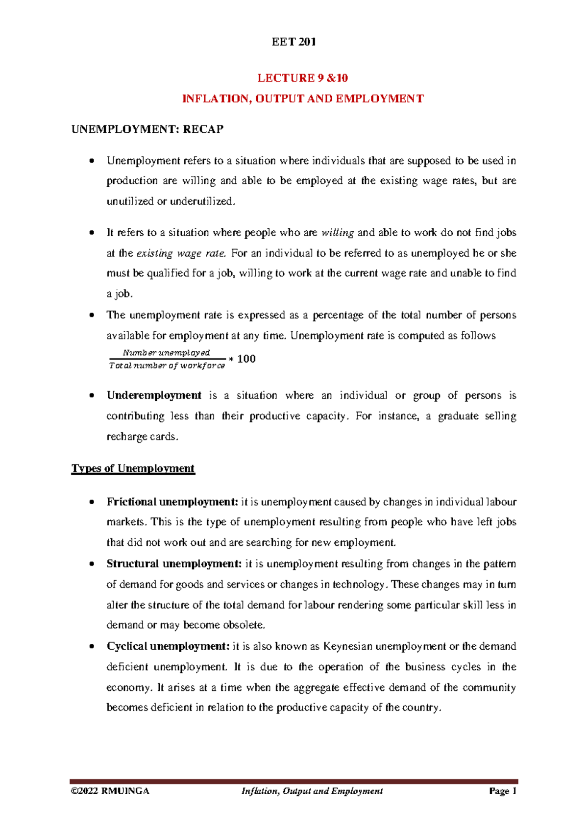 EET 201 LECTURE 9: INFLATION, OUTPUT, AND UNEMPLOYMENT RECAP - Studocu