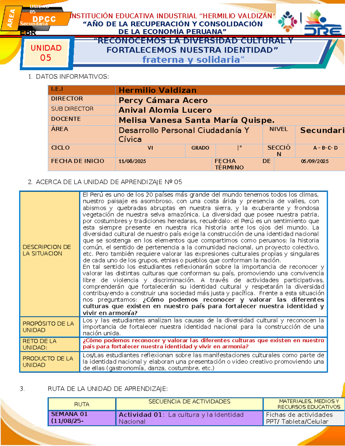 DPCC Secundaria - Unidad EBR 05: Diversidad Cultural y Identidad ...