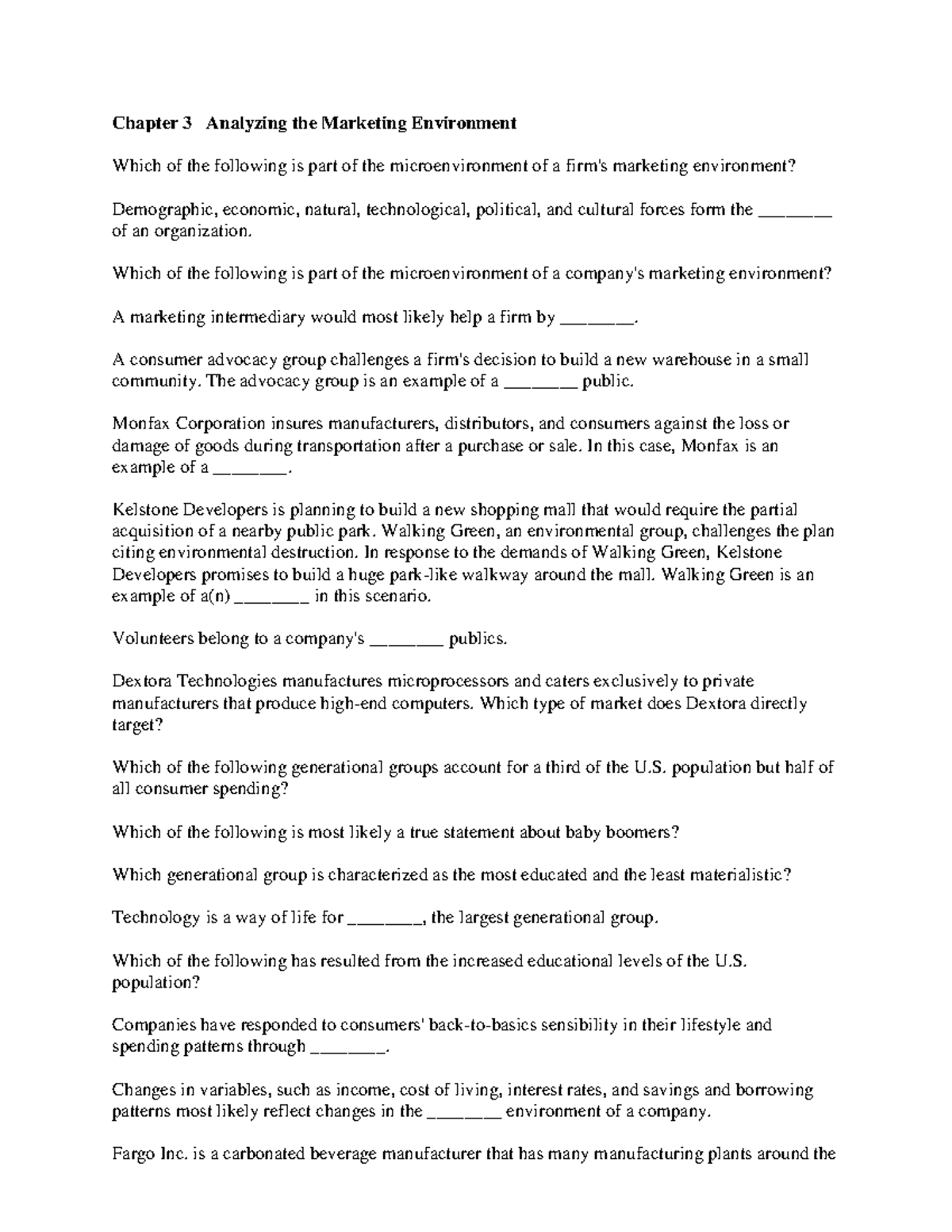 Ch3 Practice Questions - Marketing - Chapter 3 Analyzing the Marketing ...