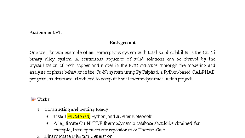 Assignment on Binary Alloy Systems: PyCalphad Analysis and Phase ...
